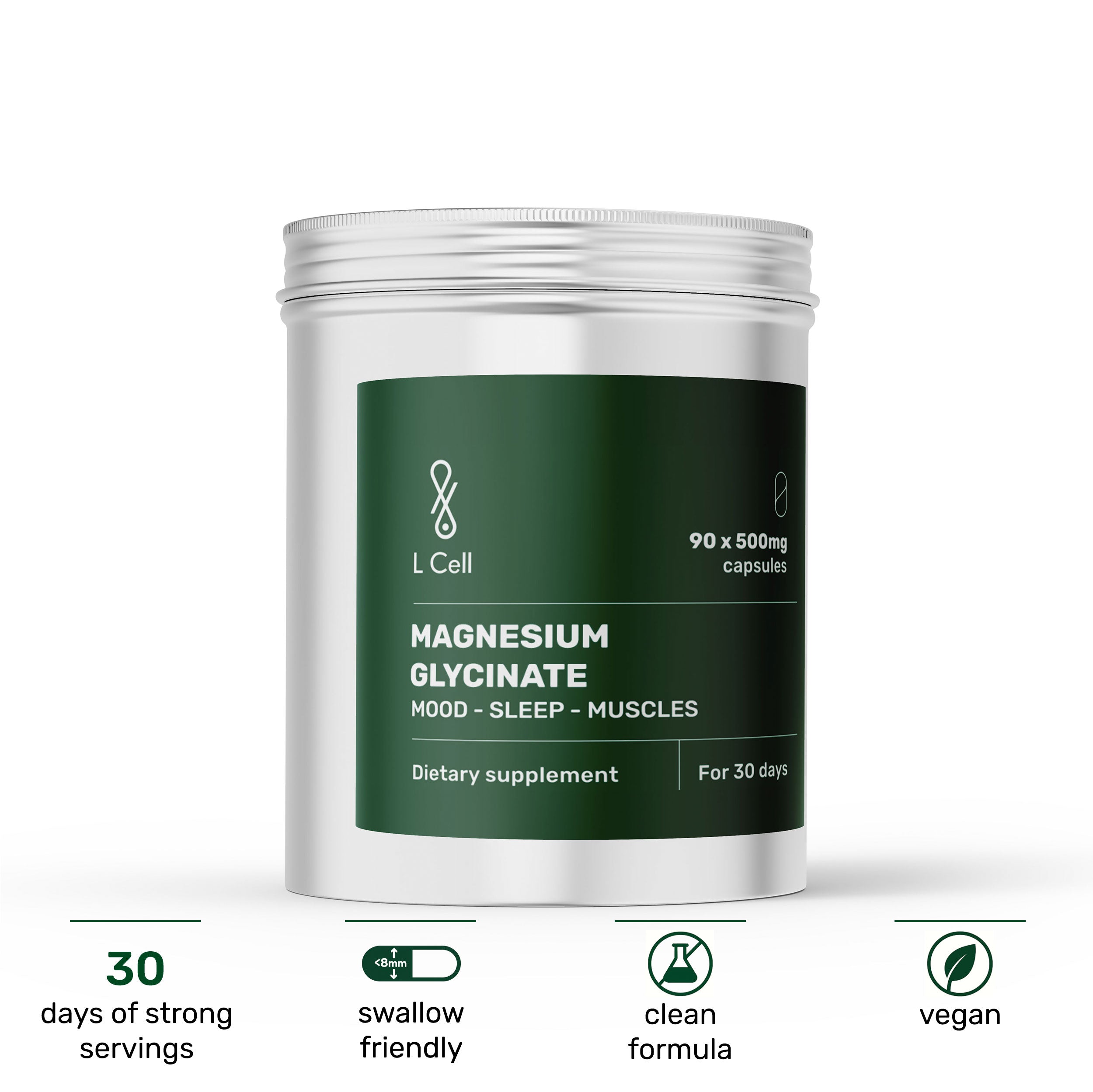 Magnesium Glycinate Capsules 500mg (30 servings, 90 caps)